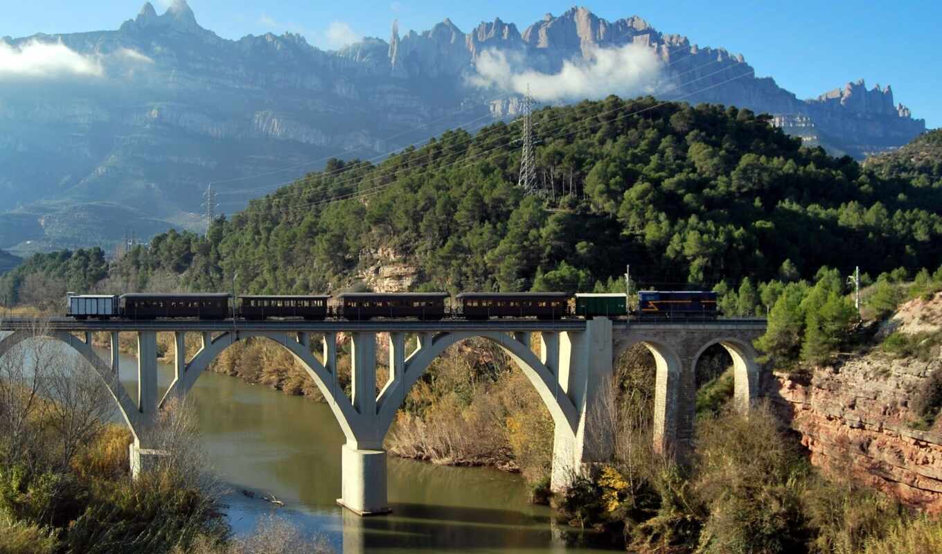 мост, поезд, река, ущелье, rail, mountains, со, 