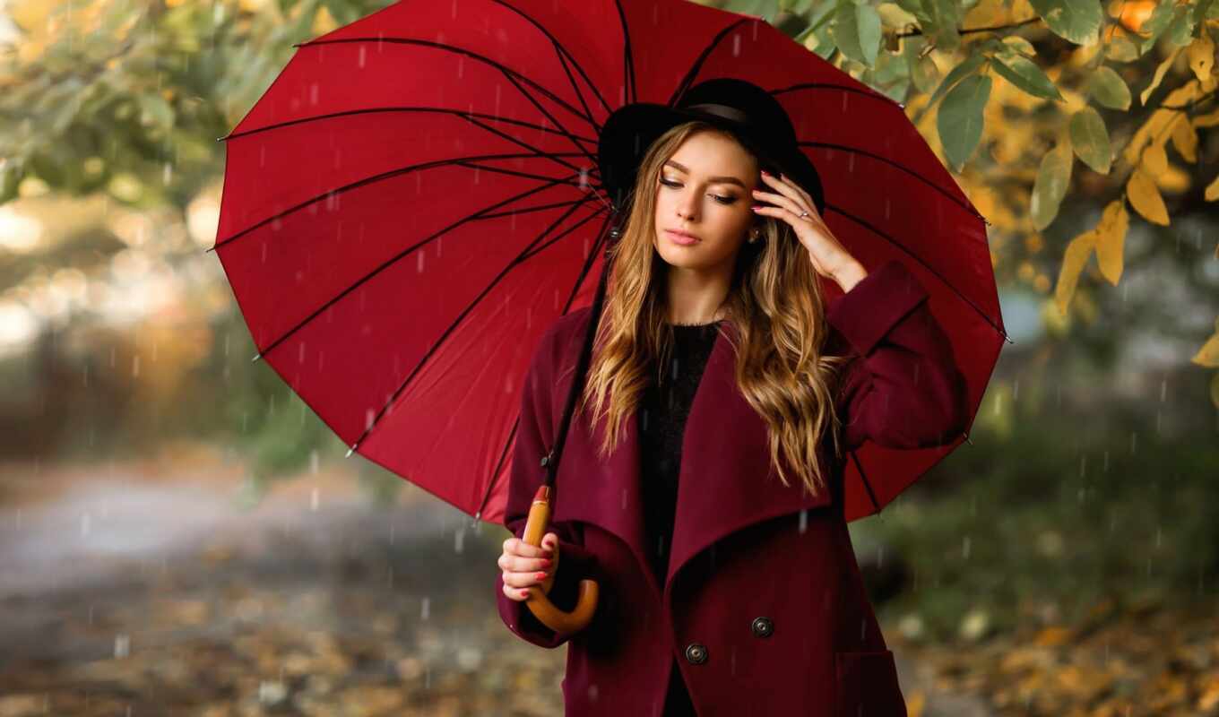 девушка, дождь, осень, зонтик
