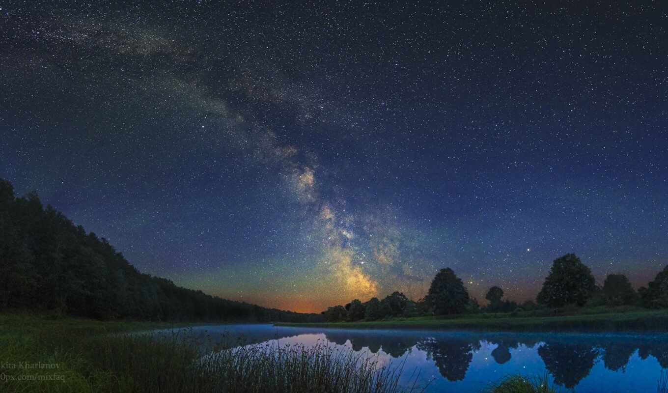 озеро, природа, небо, ночь, вода, атмосфера, звезда, отражение, природный ландшафт