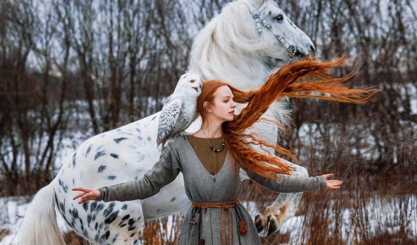 девушка, женщина, лошадь, волосы, сова, модель, long, птица, настроение, redhead