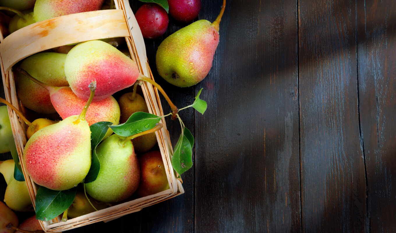 осень, листва, корзина, яблоки, урожай, фрукты