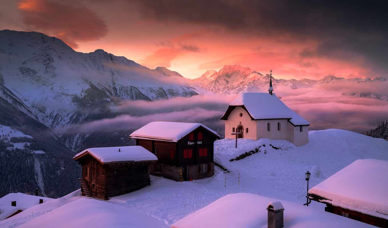 winter, восход, гора, станция, hill, church, швейцария, line