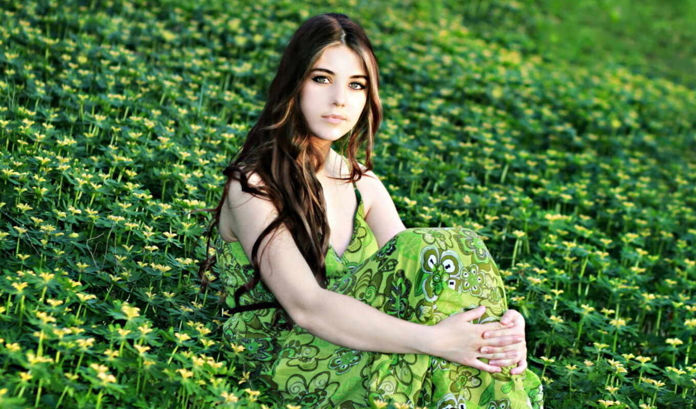 girl, dress, greenery