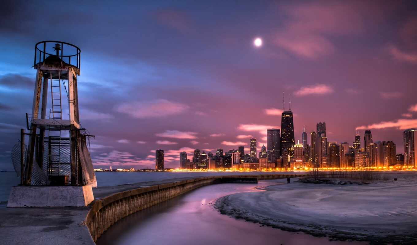 ночь, skyline, chicago