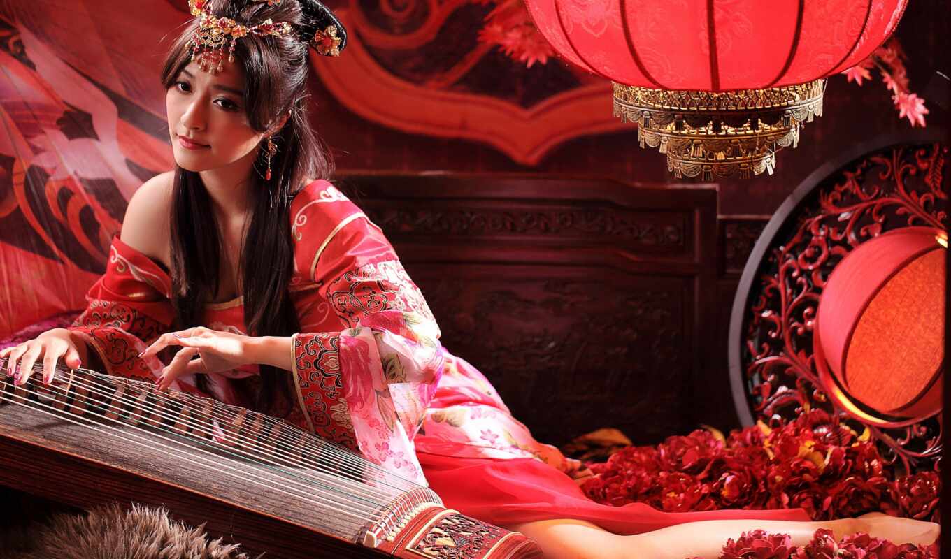 девушка, ретро, asian, платье, lantern, китаянка, instrument, hairstyle