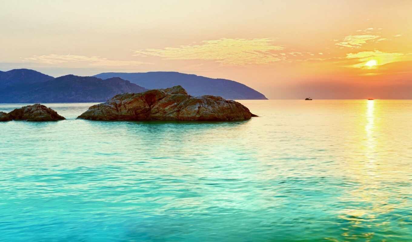 sunset, water, rock, landscape, sea, island, panorama