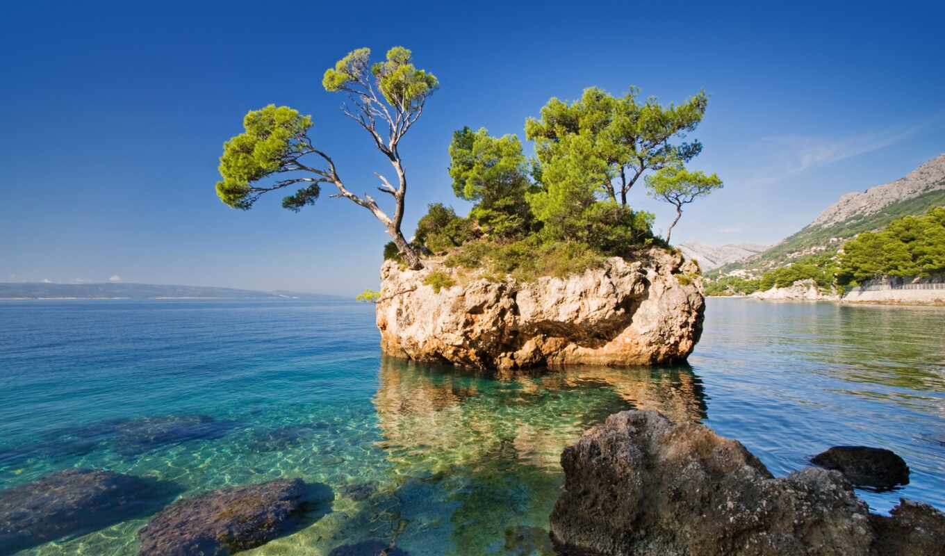 природа, картинку, rock, landscape, море, trees, хорватия, хорватии, brela