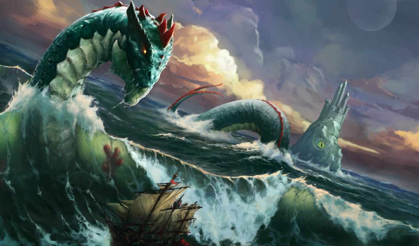 картинка, monster, буря, море, fantasy, змей, waves