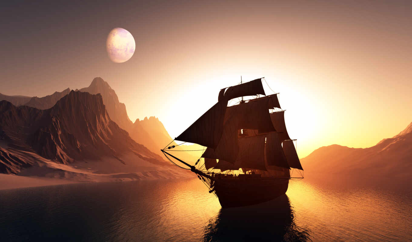ship, moon, mountain, sea, pic, sailboat, hour