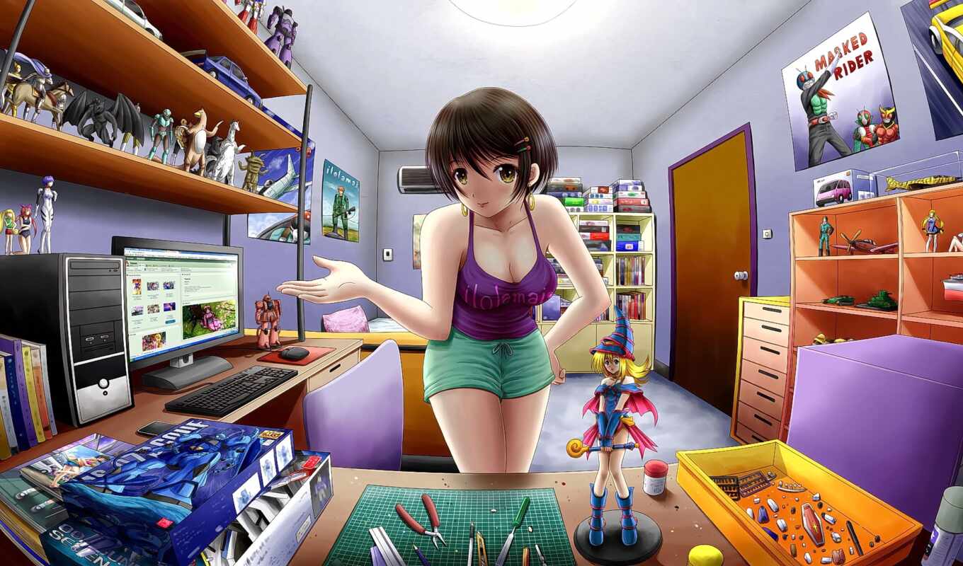girl, a computer, room, anime, construction