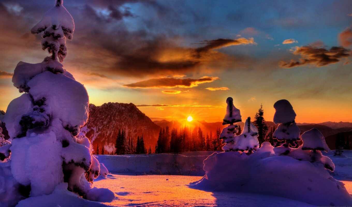 sun, sunset, snow, winter