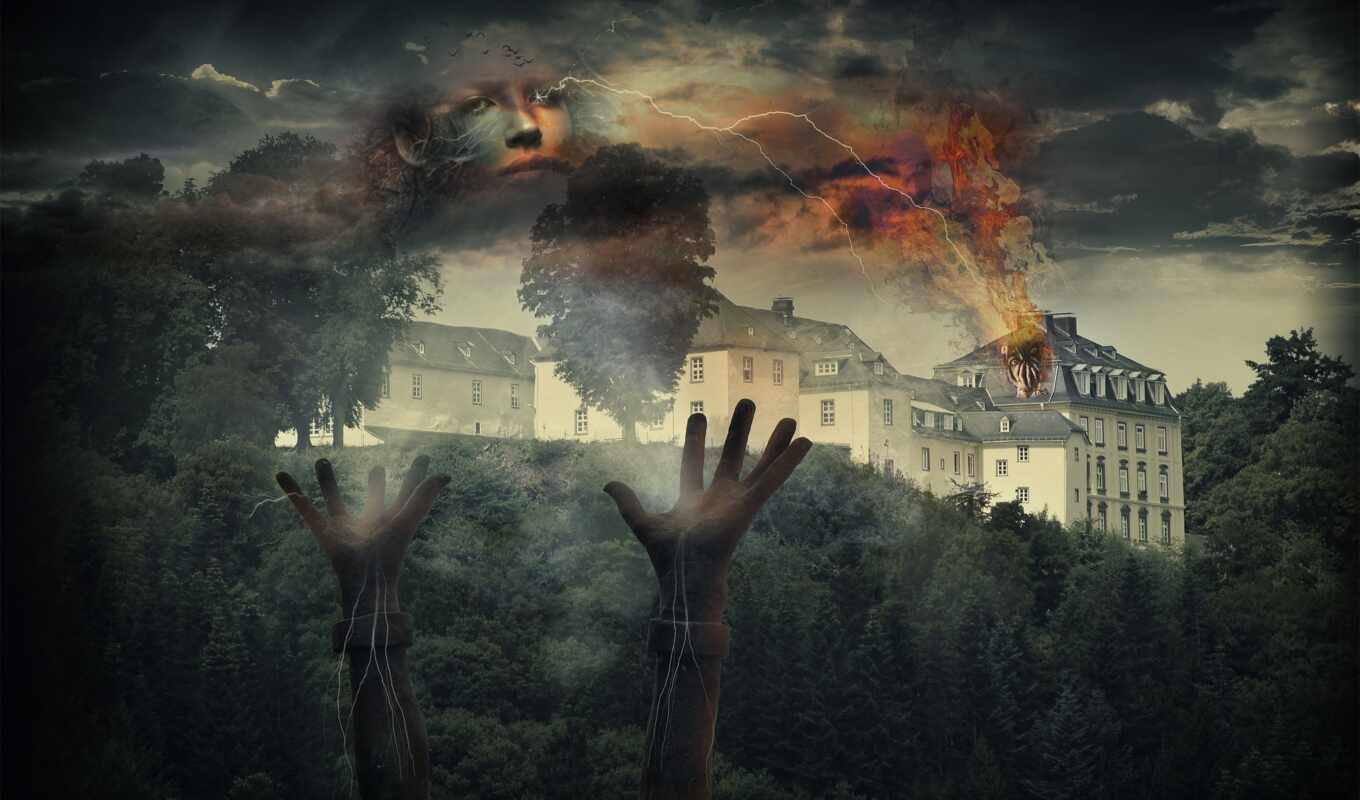 photo, white, woman, book, castle, author, fire, complementarity, photomontage, fore, uilka