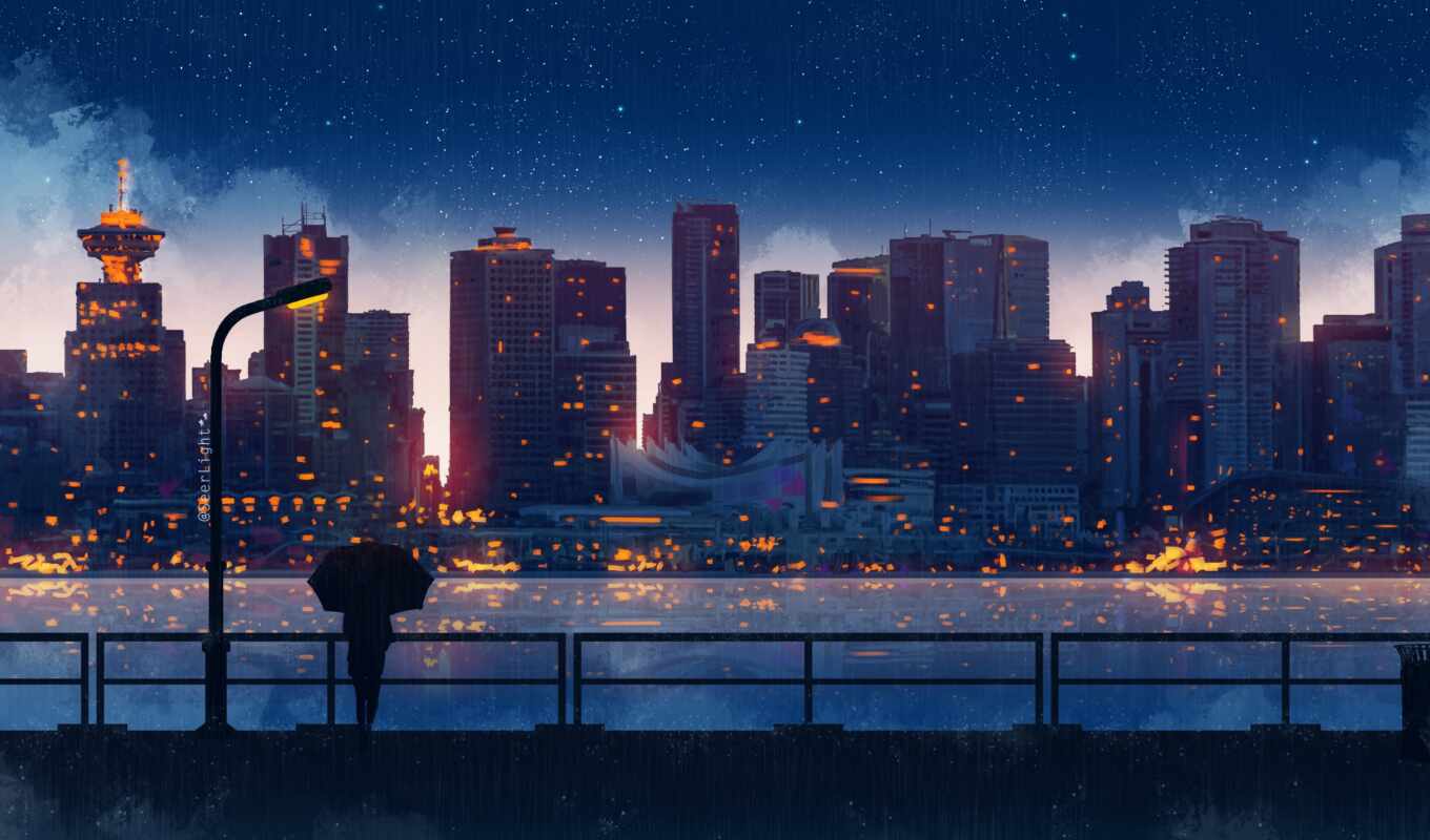 girl, rain, anime, city, night, anim, embankment, art, back, the skyscraper, seerlight