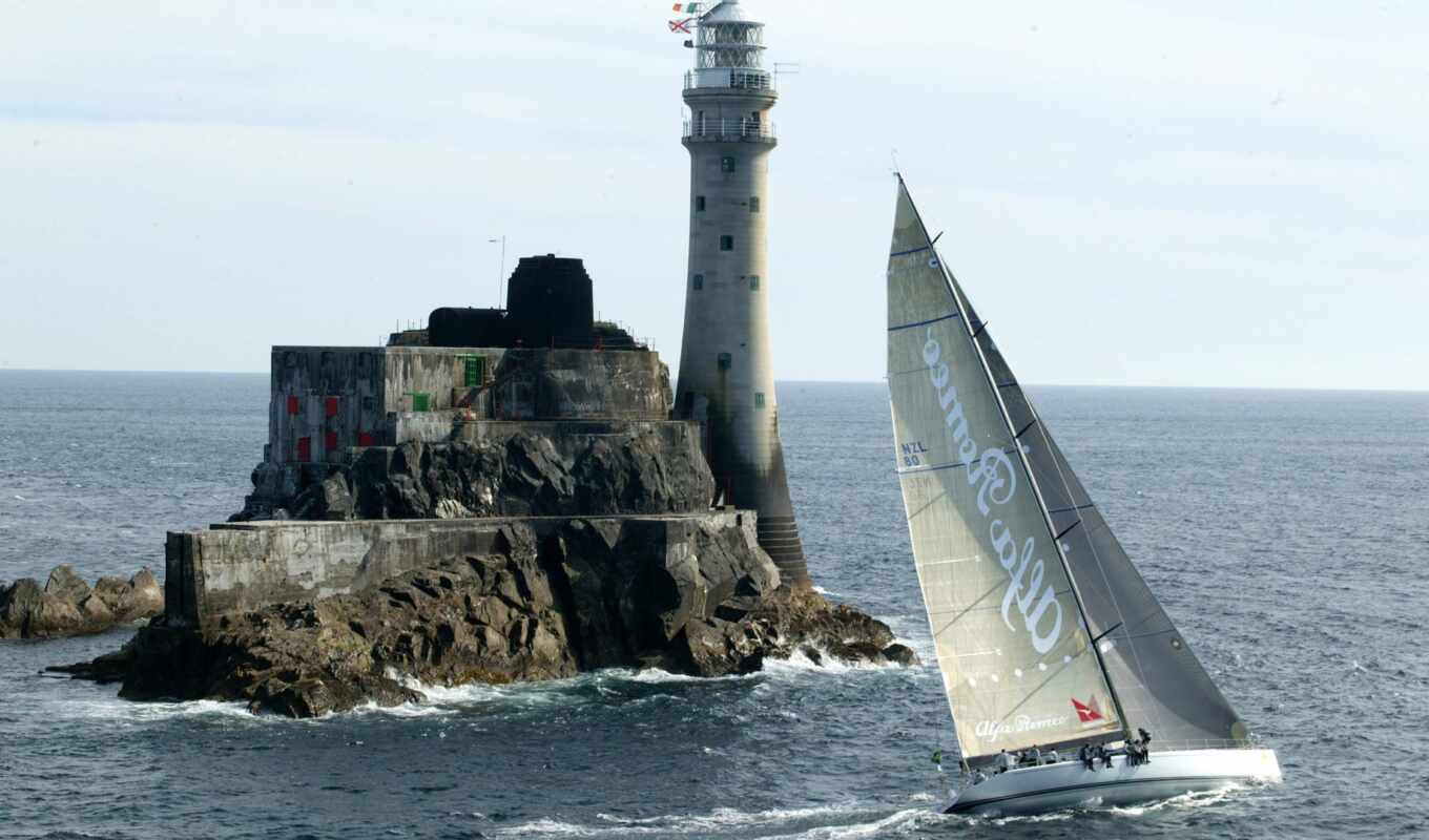 rock, sea, lighthouse, sailboat