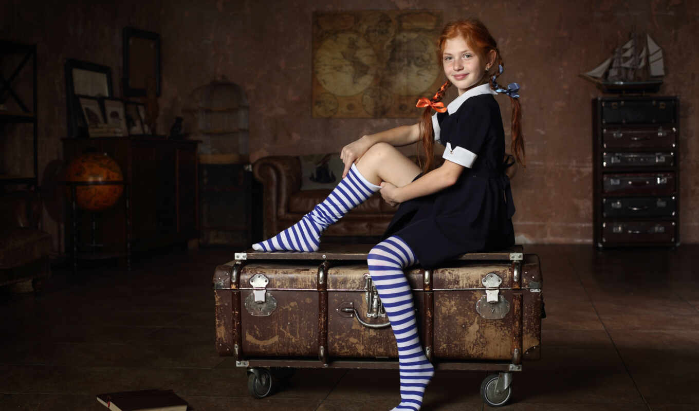 girl, russian, suitcase, image, kid, sit, schoolgirl, redhead, pigtail, sentado