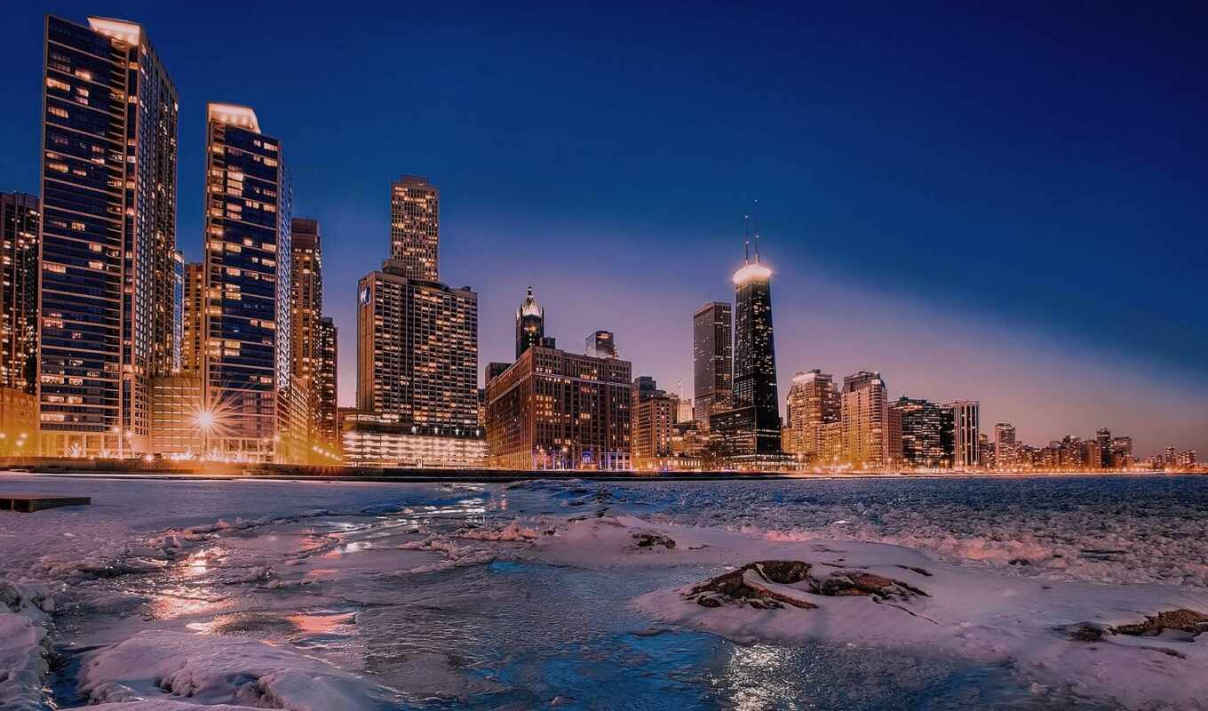 город, ночь, winter, bay, chicago, небоскрёба
