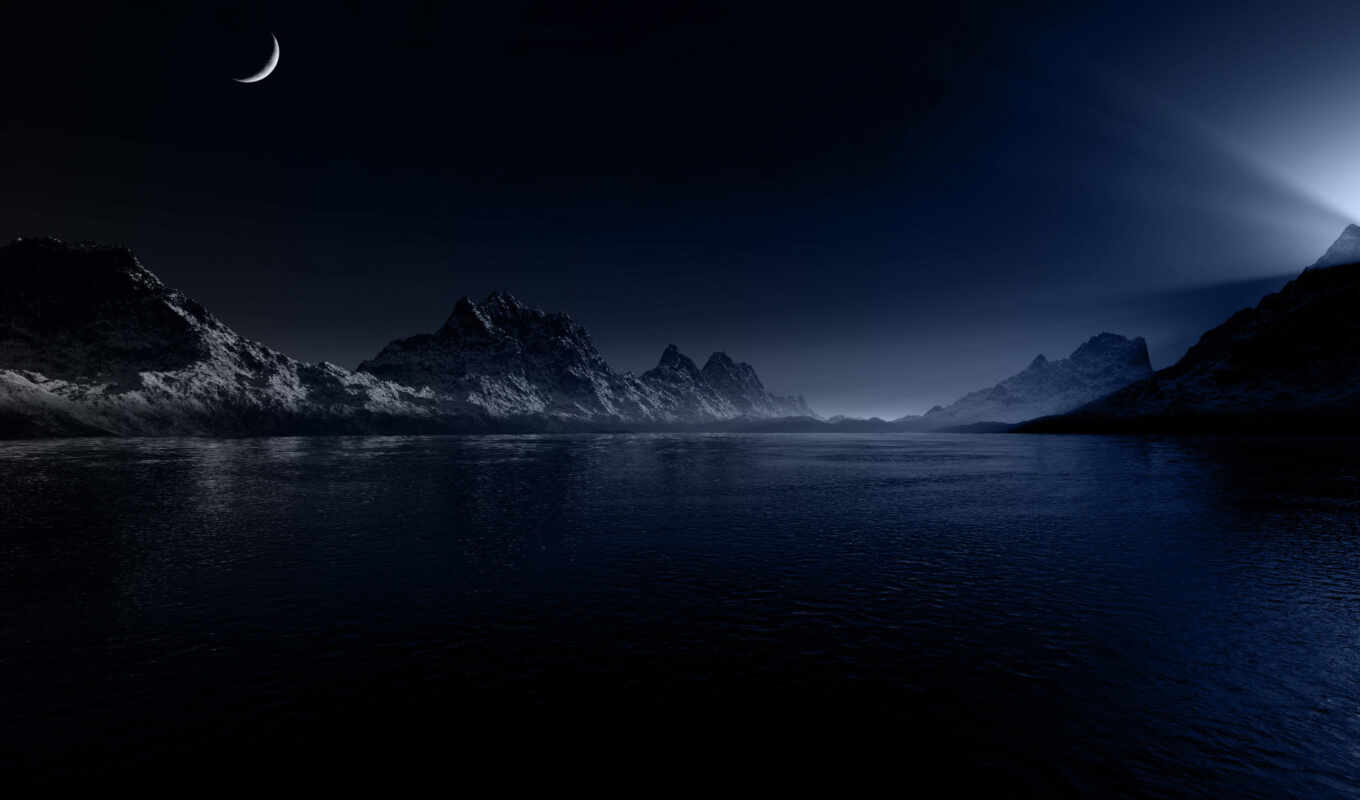 nature, full, with, light, night, moon, one, lake, mountains