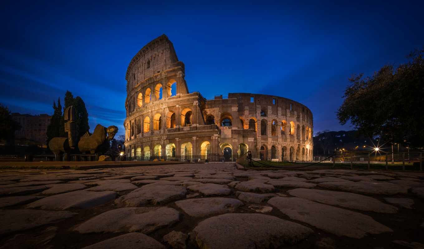city, night, architectural, italian, rima, rome, monument, historical, colosseum
