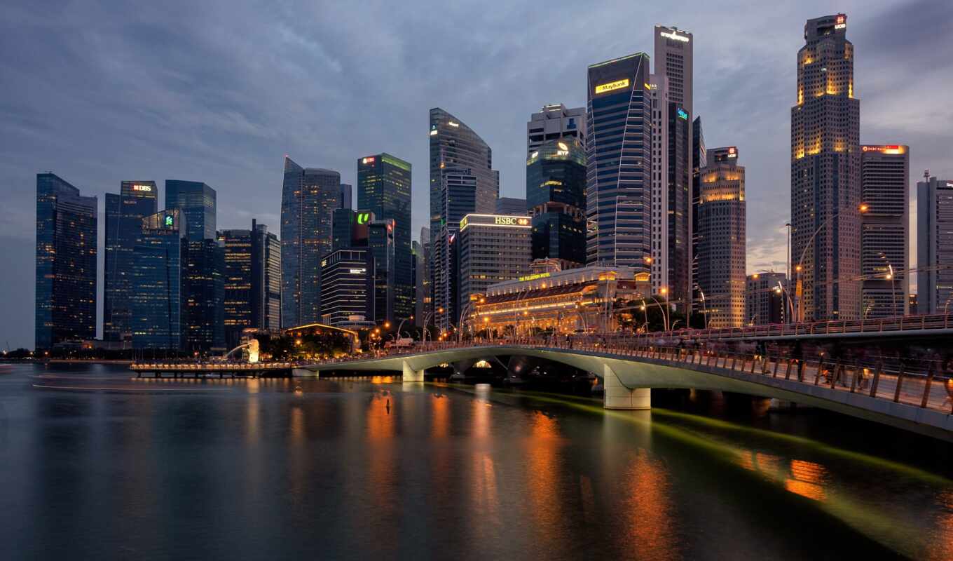 city, night, Bridge, lights, skyscraper, singapore