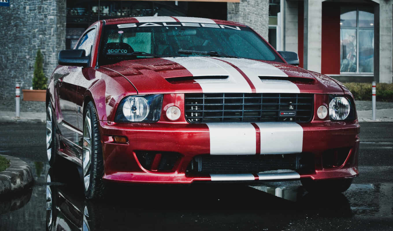 rain, red, ford, mustang