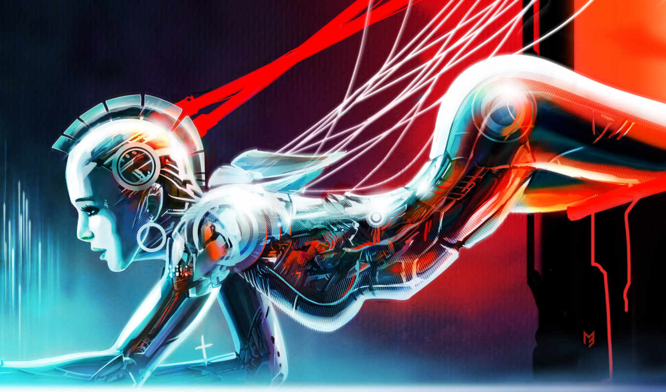 art, robot, android, wires, view, girl, cyborg, lie
