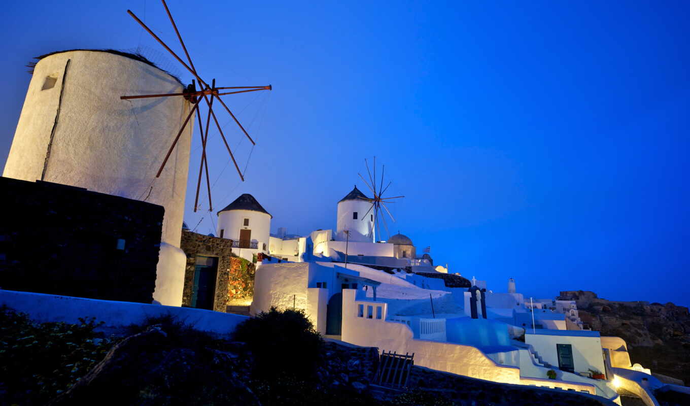 blue, красивые, вечер, landscape, башня, trees, greece, windmills, greek