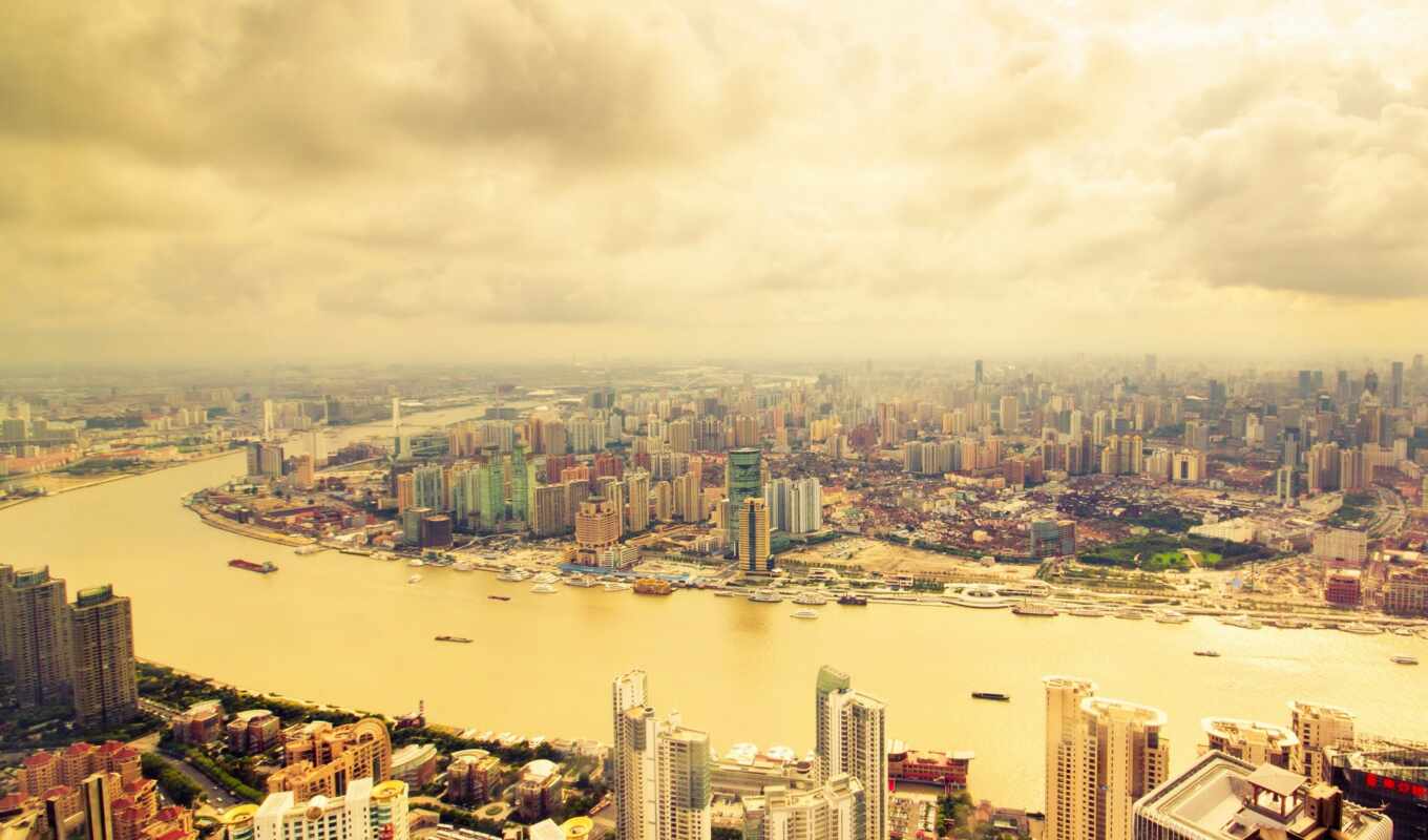 город, река, shanghai, china, небоскрёб, мегаполис