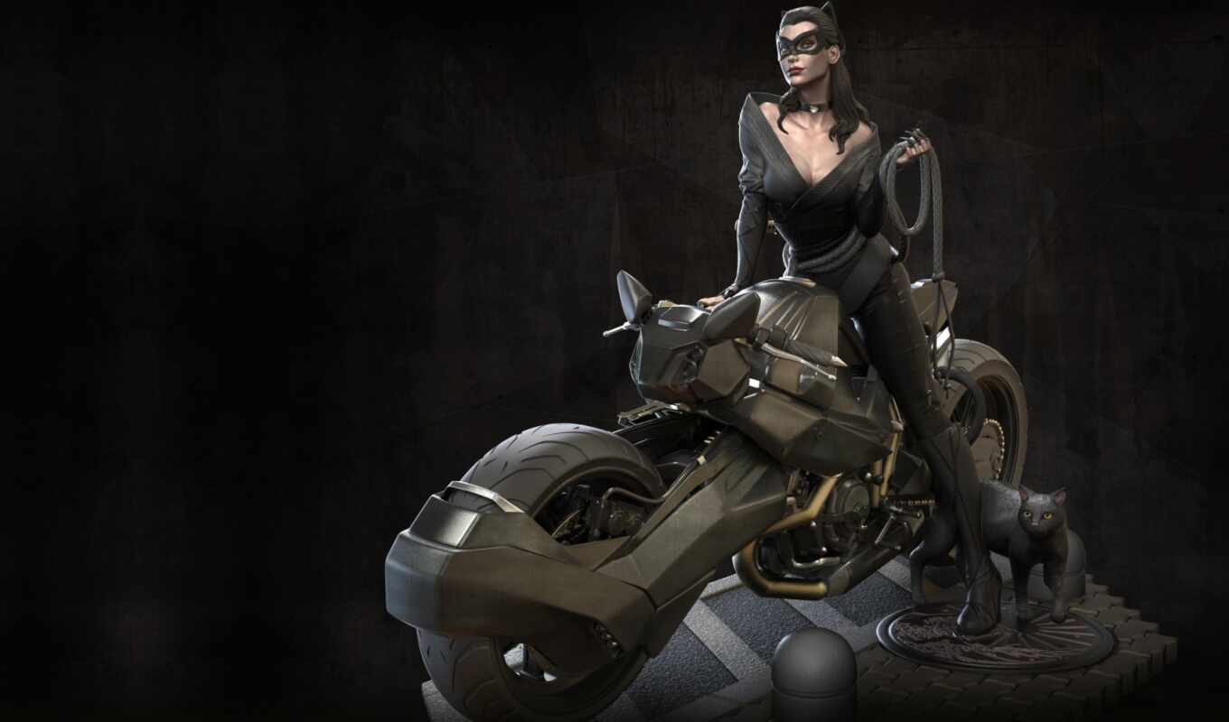 женщина, мотоцикл, кот, арт