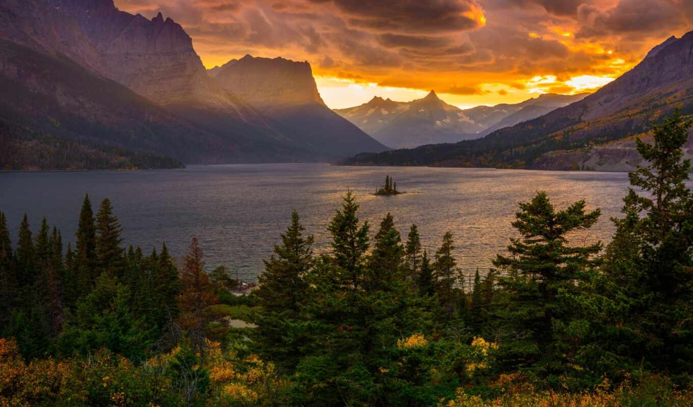lake, sky, forest, park, trees, mountains, glacier, national, Mary