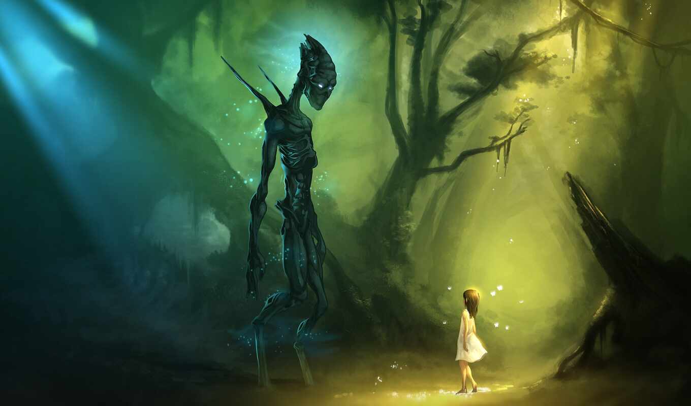 girl, monster, forest, friend, trees, she was, little, look, friend, standing