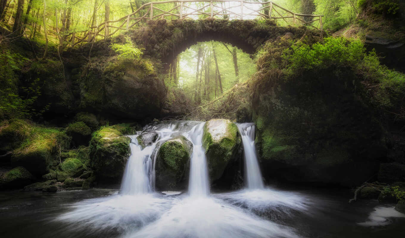 природа, лес, мост, landscape, водопад, фея, сказки, luxembourg, muellerthal