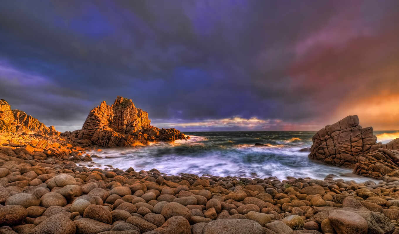 nature, sky, sunset, evening, sea, coast, surf, ocean, backgrounds, stones, rocks