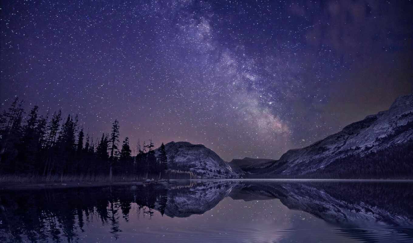 lake, night, forest, milky, way, reflection, stars, mountains