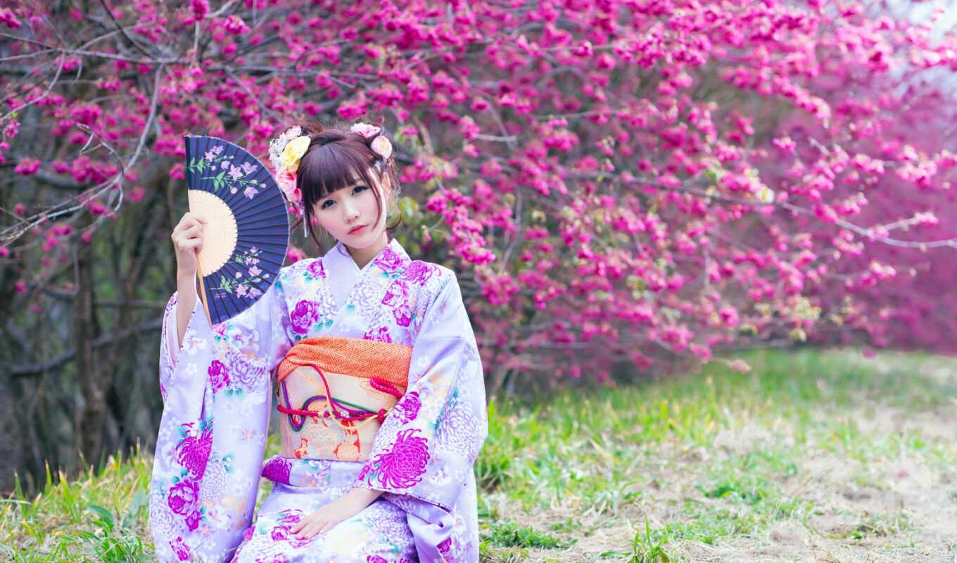 коллекция, девушка, дерево, japanese, fan, card, красивый, кимоно, drawing