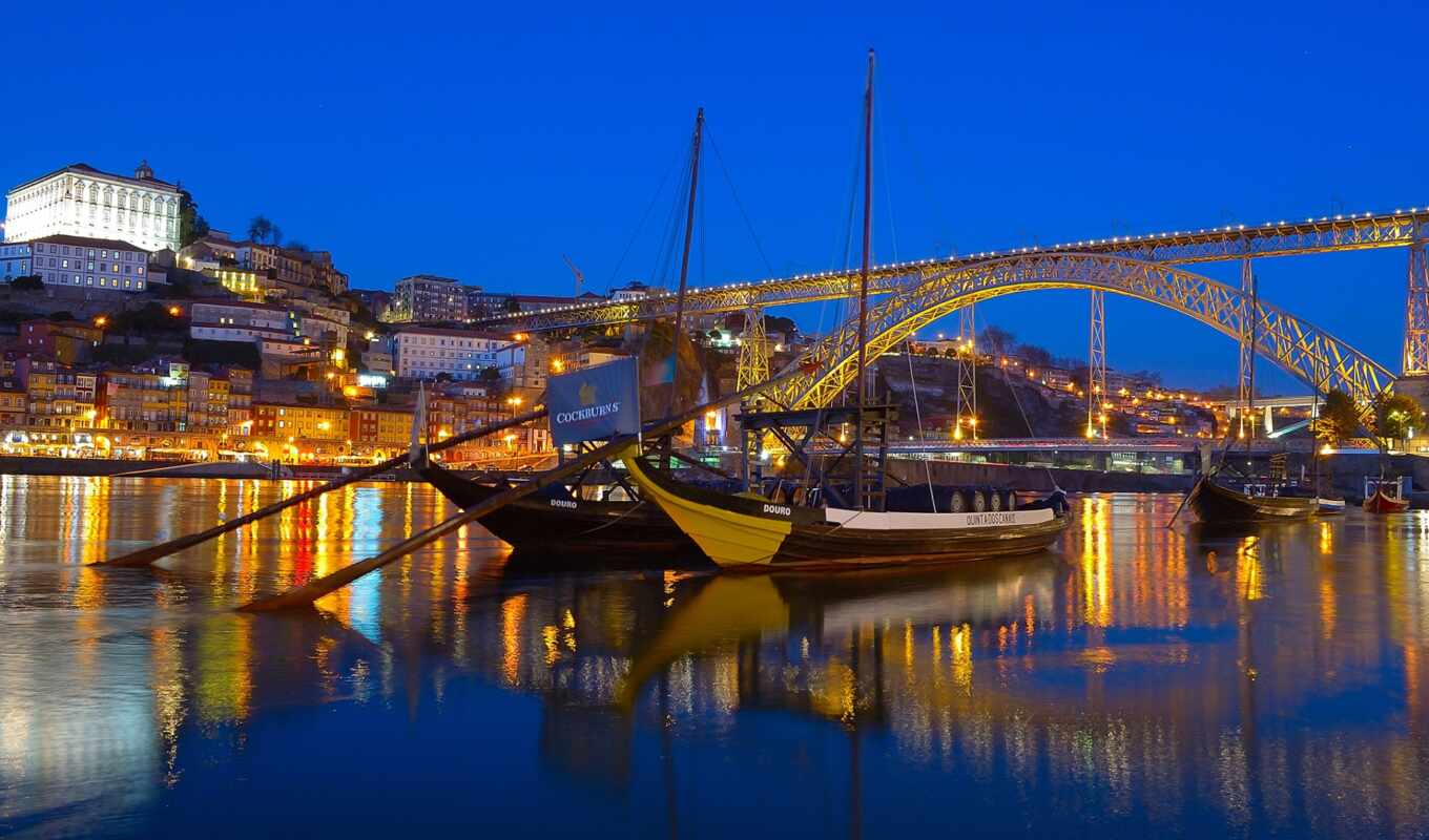 город, ночь, мост, огни, река, лодка, португалия, dom, porto