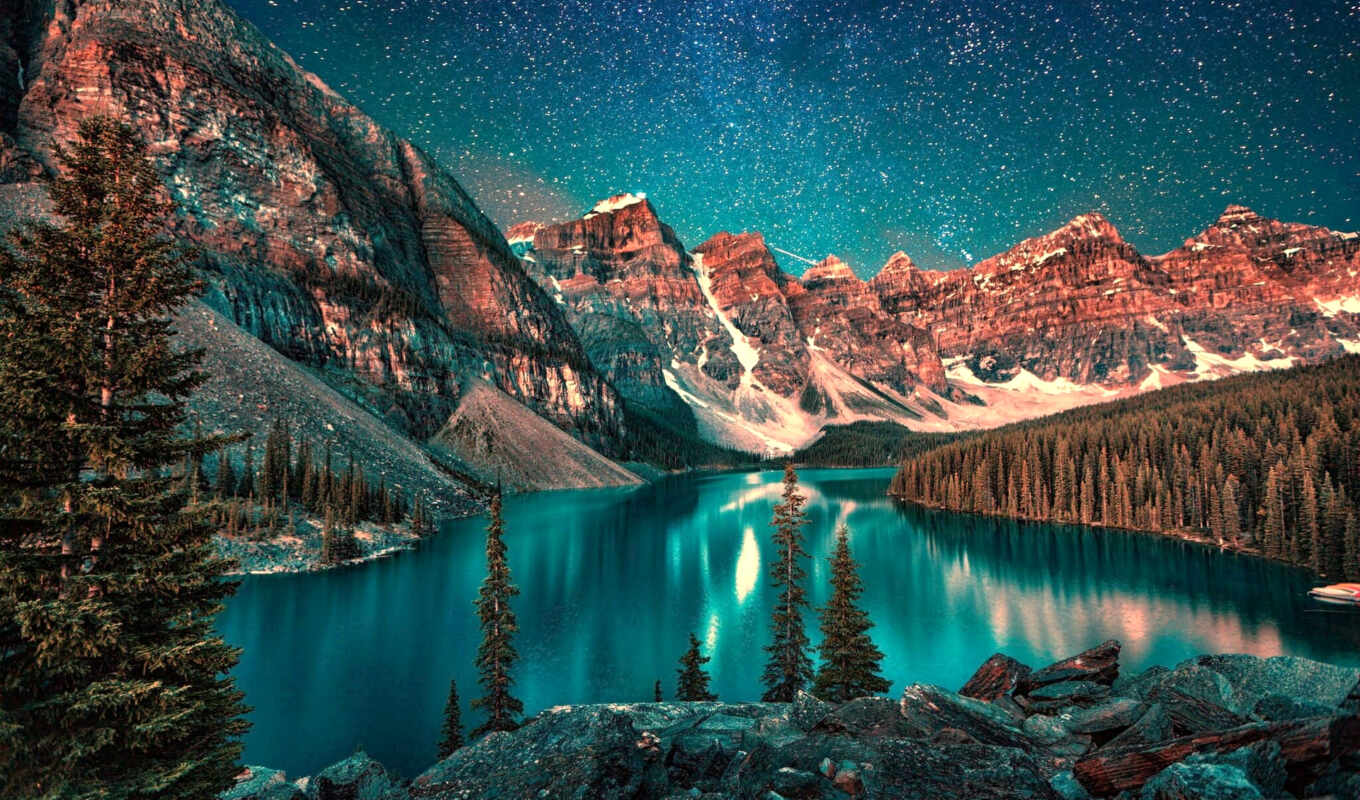 озеро, ночь, канада, альберта, park, mountains, national, moraine, banff