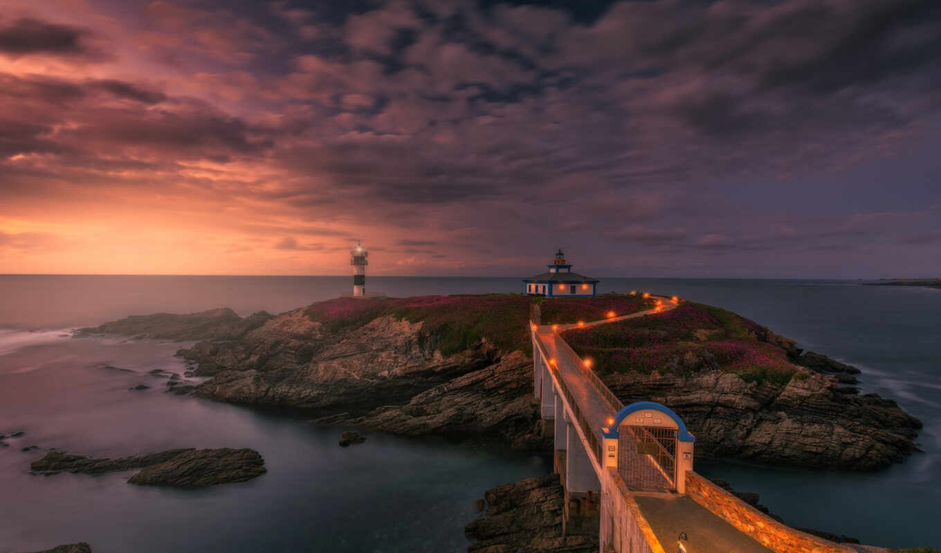 sunset, Bridge, lighthouse, island, Spain, isla, faro, pancha