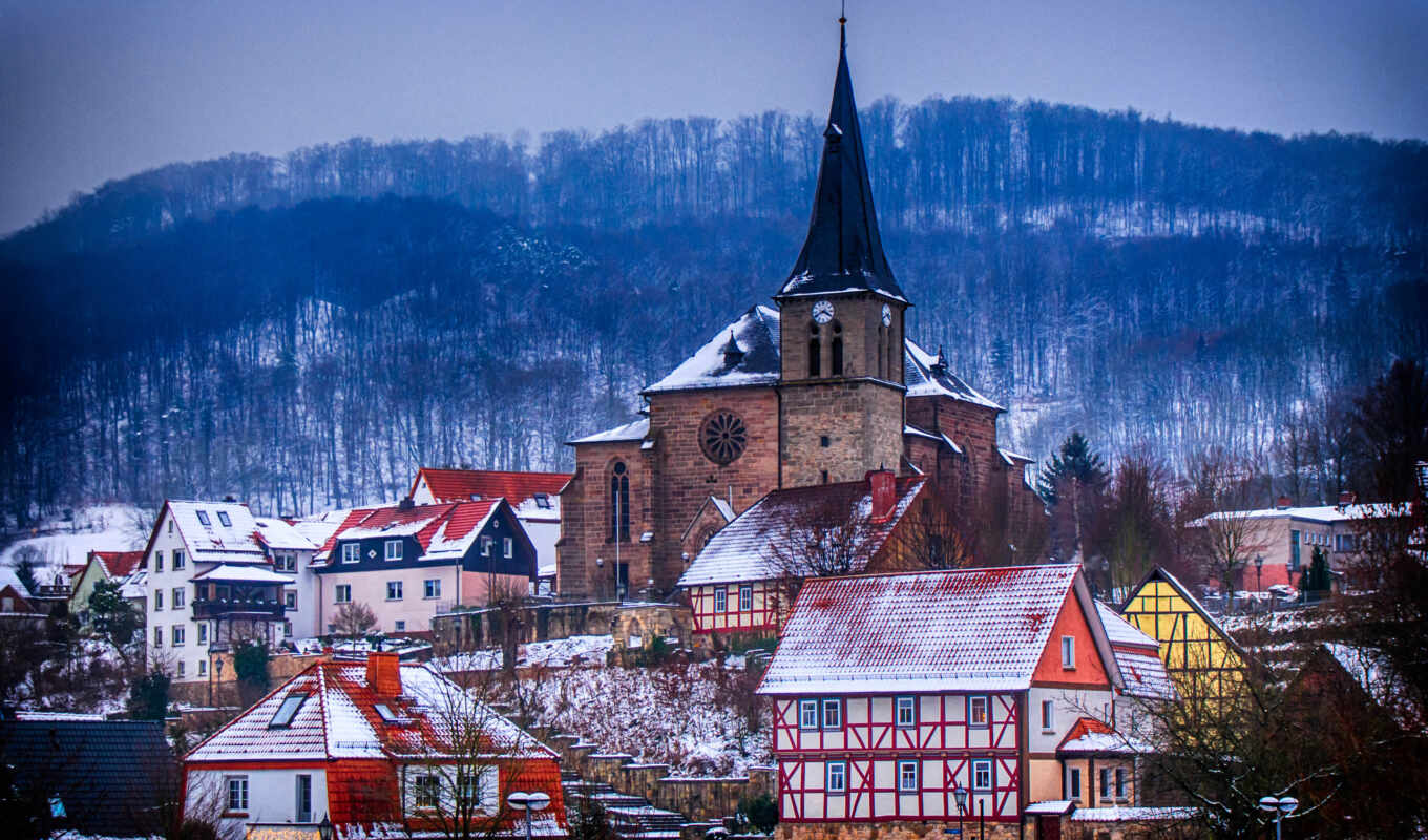 house, winter, church, thuringen, germanii