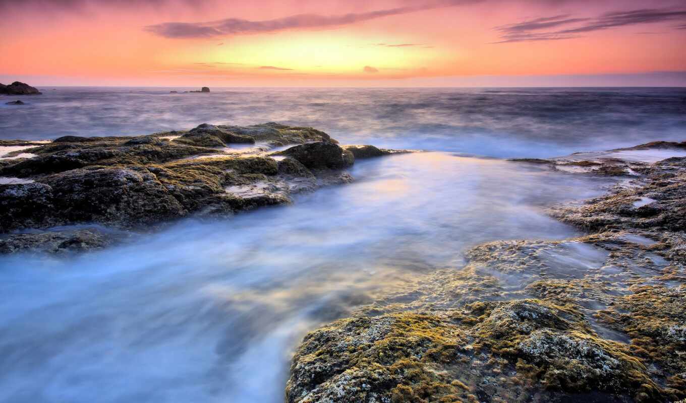 stone, sunset, sea, ocean, wave, coast, funart