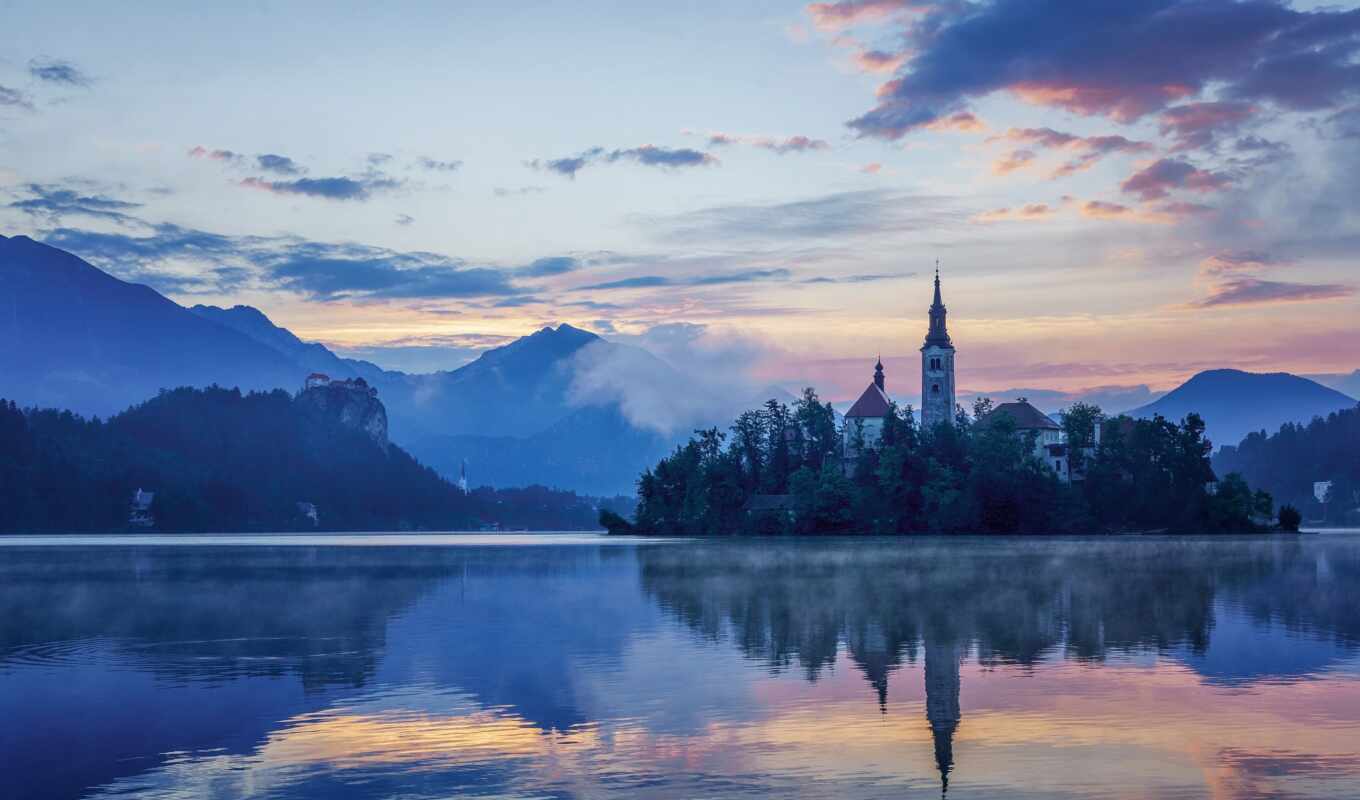 озеро, пейзажи -, church, slovenia, bled, бледское