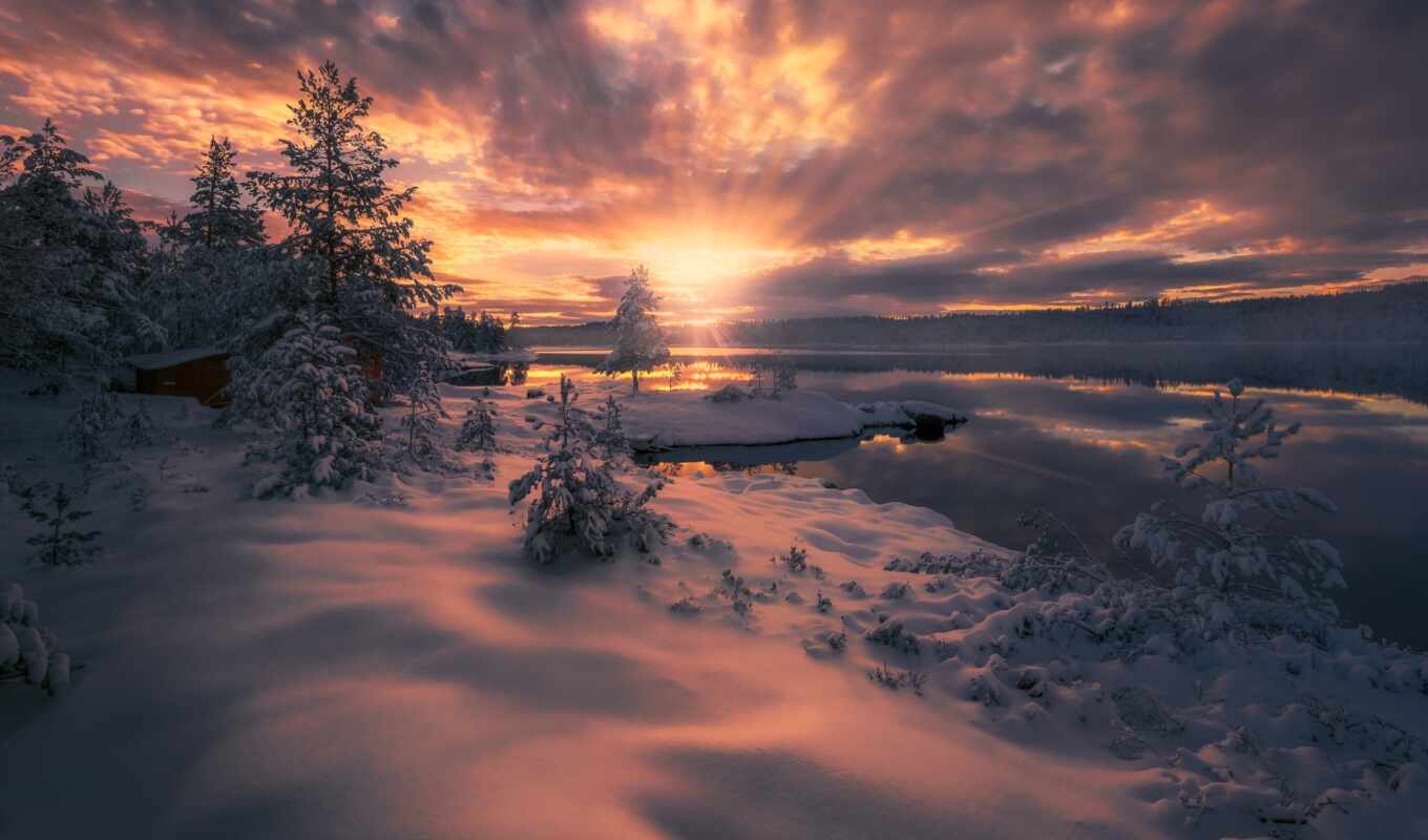 lake, sunset, snow, winter, cloud, Norway, ray, ring cycle