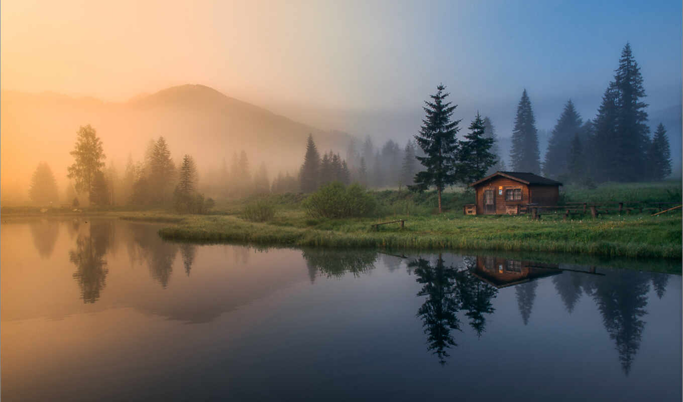 озеро, house, дерево, lodge, утро, туман, fore