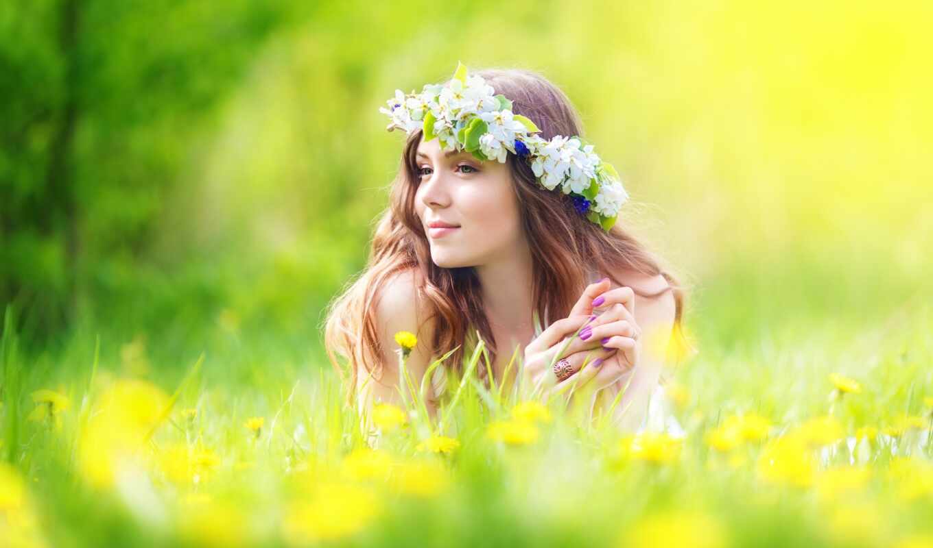 flowers, girl, white, woman, smile, which, dandelion, a wreath