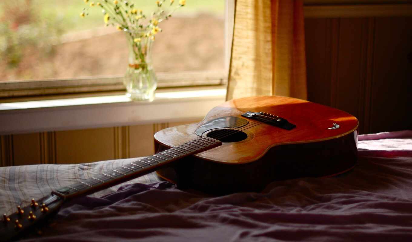 window, guitar, bed