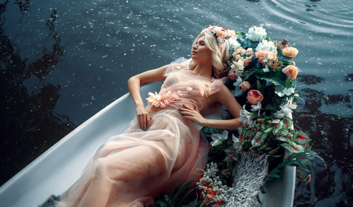 цветы, девушка, water, лодка