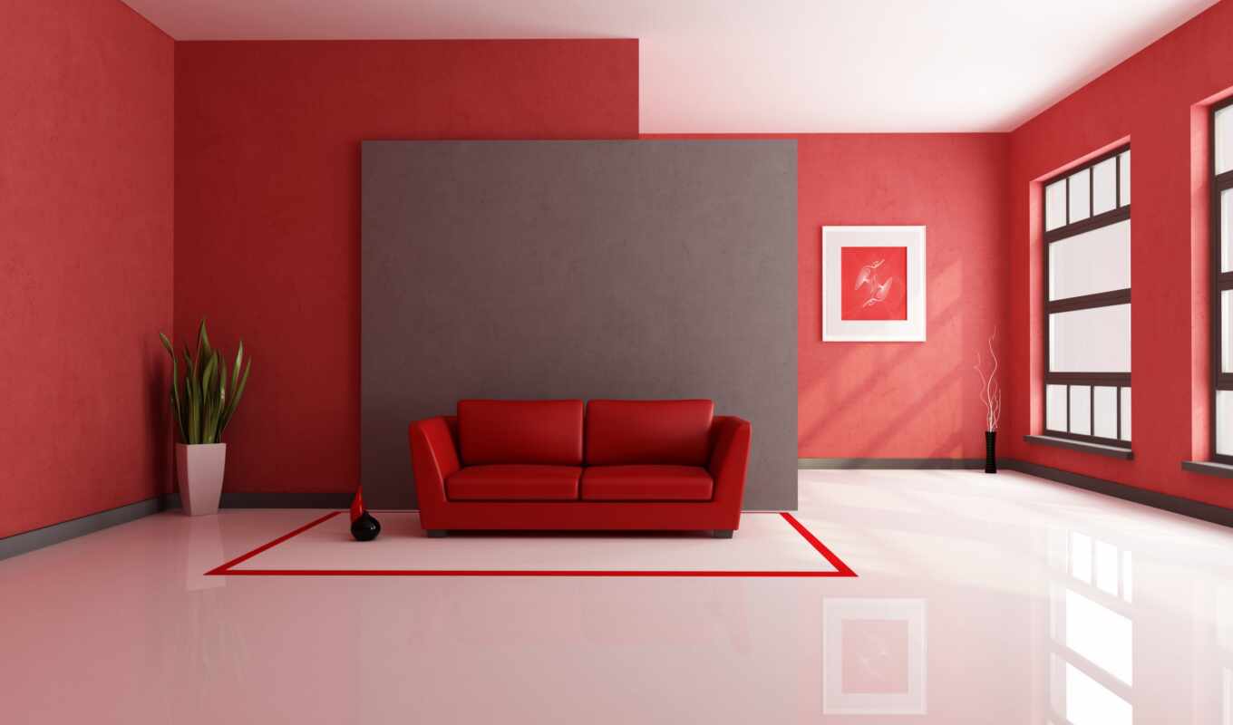 комната, диван, красная комната, белый пол