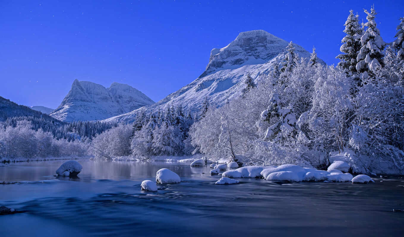 природа, снег, красивые, winter, landscape, река, норвегия, norwegian, горы
