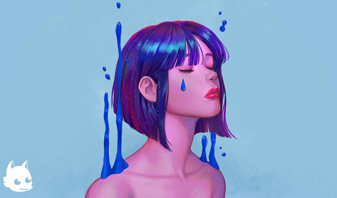 art, blue, женщина, simple, digital, волосы