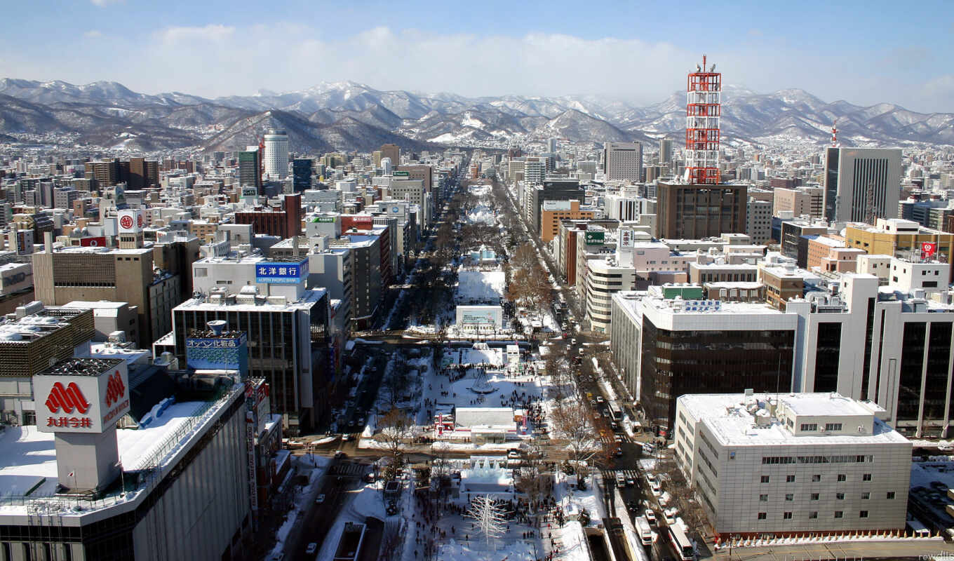 city, snow, street, winter, building, japanese, country, park, japan, mountains