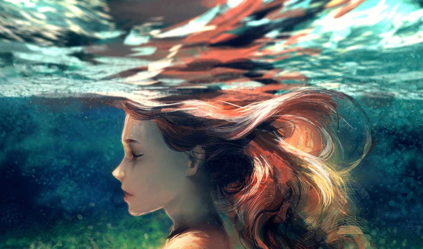 art, apple, девушка, краска, digital, water, portrait, рисованный, illustration, поплавок, underwater